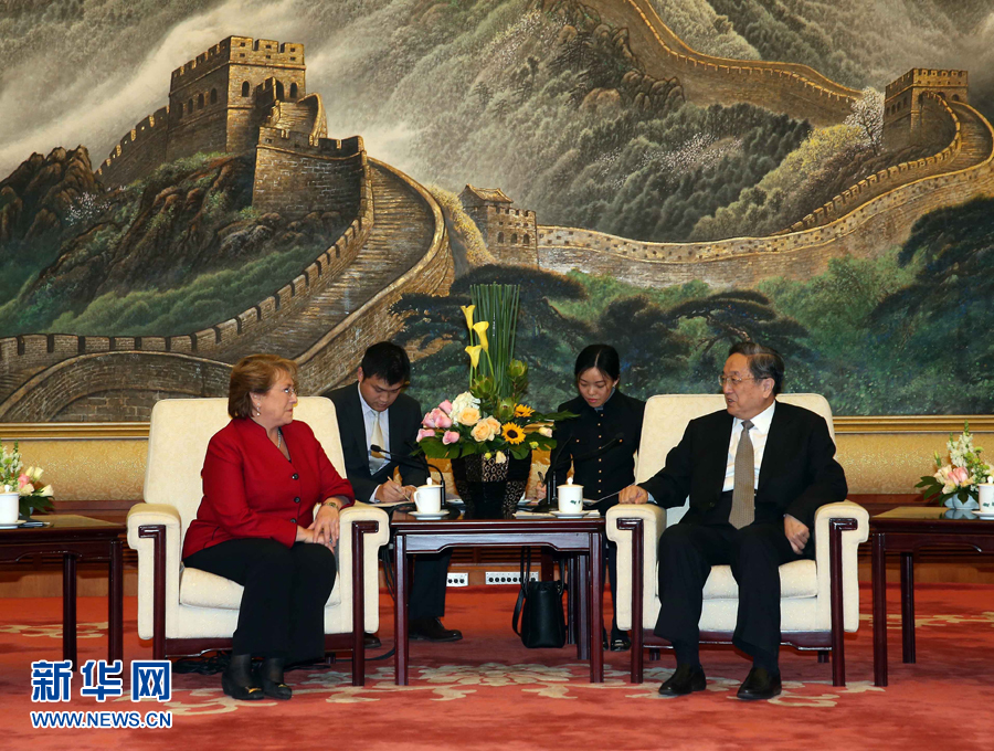 11月11日，全國政協(xié)主席俞正聲在北京人民大會(huì)堂會(huì)見智利總統(tǒng)巴切萊特。 新華社記者 劉衛(wèi)兵 攝